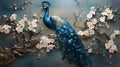 3d wall art decor of blue peacock with textured spring flowers Royalty Free Stock Photo