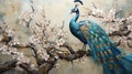 3d wall art decor of blue peacock with textured spring flowers Royalty Free Stock Photo