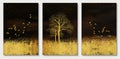 3d wall minimal decor canvas art. golden grass, trees birds in dark background. modern wall frame decor Royalty Free Stock Photo