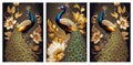 3d wall poster. blue peacock with a long tail and golden flowers.