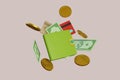 3D wallet concept. money bag, coins stack and banknotes. 3d render illustration