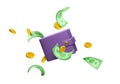 3D wallet with money next it. Realistic dollar in cartoon style. Exchange income or success savings