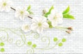 3d wallpaper abstract background with wall bricks and pink flowers green branch Royalty Free Stock Photo