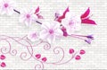 3d wallpaper abstract background with wall bricks and pink flowers green branch