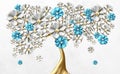 3d wallpaper abstract floral tree on white background. White and light blue flowers for interior wall home decor Royalty Free Stock Photo