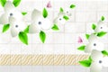 3d wallpaper abstract square marble waves background with butterfly and wall bricks and white flowers green branch Royalty Free Stock Photo
