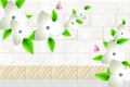 3d wallpaper abstract square marble waves background with butterfly and wall bricks and white flowers green branch