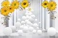 3D wallpaper, architecture tunnel with yellow chrysanthemums and spheres.