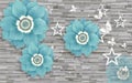 3d wallpaper blue diamond flowers and white stars on gray stone background Royalty Free Stock Photo