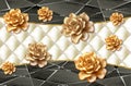 3d wallpaper classic interior space. ornate cornice Decorative golden flowers Jewelery, golden leather in black background . Royalty Free Stock Photo