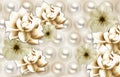 3d wallpaper. Classic mural decorative background. golden flowers and silver pearls for home decor Royalty Free Stock Photo