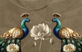 3d wallpaper. 3d colorful peacock and golden flowers. 3d mural background. paint wall canvas poster art decor Royalty Free Stock Photo