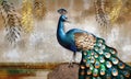 3d wallpaper. 3d colorful peacock on the stem. golden tree branches. 3d mural background. paint wall canvas poster art decor Royalty Free Stock Photo