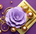 3D Wallpaper Design with Floral and gold ball and pearls, gold jewelry wallpaper purple flower Royalty Free Stock Photo
