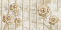 3d wallpaper, gold jewelry flowers, vertical stripes on marble background