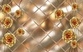 3d wallpaper golden diamond flowers on golden leather background