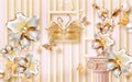 3d wallpaper golden and white jewelry flowers and butterflies and swans on background