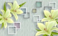 3d wallpaper green flowers on a background of many squares