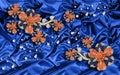 3D wallpaper, jewelry flowers on blue silk background. Celebration 3d background