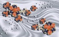 3D wallpaper, jewelry flowers on silver silk background. Celebration 3d background