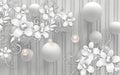 3d wallpaper jewelry silver flowers and balls on gray big balls background