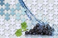 3d wallpaper, jigsaw puzzle pieces and grape, water splash on light blue background