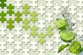 3d wallpaper, jigsaw puzzle pieces, lemon lime, water splash on light green background