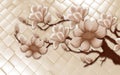 3d wallpaper large flowers with brown branches on a square background
