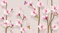 3d wallpaper with multicolored flowers tree branches pink flower buds on a pink background Royalty Free Stock Photo