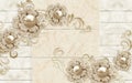 3D Wallpaper mural Design with Floral and Geometric Objects gold ball and pearls, gold jewelry wallpaper purple flowers Royalty Free Stock Photo