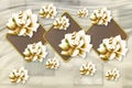 3D Wallpaper mural Design with golden flowers brown squares in light silk biege background Royalty Free Stock Photo