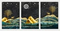 3d wallpaper, night landscape with dark turquoise mountains, dark black background with stars and moon, golden trees. wall frame Royalty Free Stock Photo