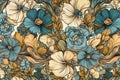 2D wallpaper pattern exotic floral pattern handpainted style seamless tile gilded age pastel melrose pansies roses offwhite beige Royalty Free Stock Photo
