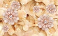 3d wallpaper pink diamond flowers with golden balls on many circles background