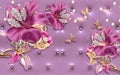 3d wallpaper pink diamond flowers with golden butterflies on purple leather background Royalty Free Stock Photo