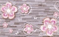 3d wallpaper pink diamond roses and butterflies on stone background