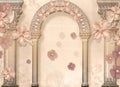 3d wallpaper pink jewelry flowers against a background of gypsum ornaments