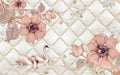3d wallpaper pink jewelry flowers on golden leather background and swans
