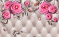 3d wallpaper pink jewelry flowers and silver branches on leather background