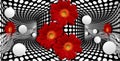 3d wallpaper, red gerberas and sphere on optical illusions background