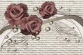 3d wallpaper, roses and pearls on brickwork background.