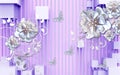 3d wallpaper silver flowers and butterflies on a background of mauve squares