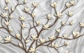 3d wallpaper small flowers with brown branches on gray silk background