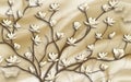 3d wallpaper small flowers with brown branches on silk background