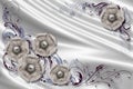 3D wallpaper teture, silver Jewelry flowers on grey silk.