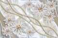 3D wallpaper texture, Jewelry, chamomiles and white pearls on silk background. Royalty Free Stock Photo