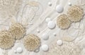 3d wallpaper texture, jewelry dahlia, white sphere on marble background