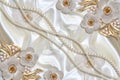 3D wallpaper texture, Jewelry flowers and white pearls on silk background.