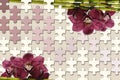 3d wallpaper texture, jigsaw puzzle pieces and orchids on pastel color background