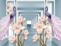 3d wallpaper two peacocks with pink roses on a tunnel background